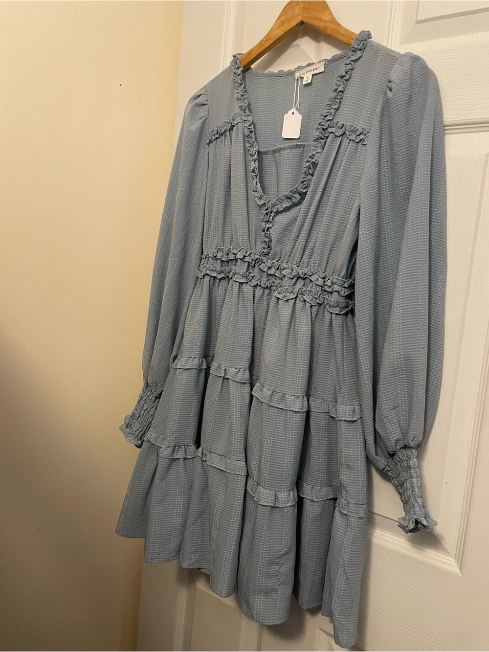 Blu Pepper Dusty Blue Long Sleeve Ruffled Tiered Dress